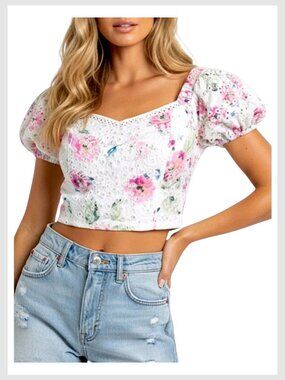 Aqua Fairycore Floral Eyelet Puff Sleeve Crop Top White Pink S